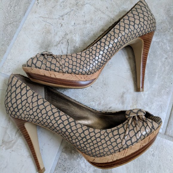 MODA SPANA Peep Toe Stiletto Heels Taupe Snake 7 - Picture 1 of 7